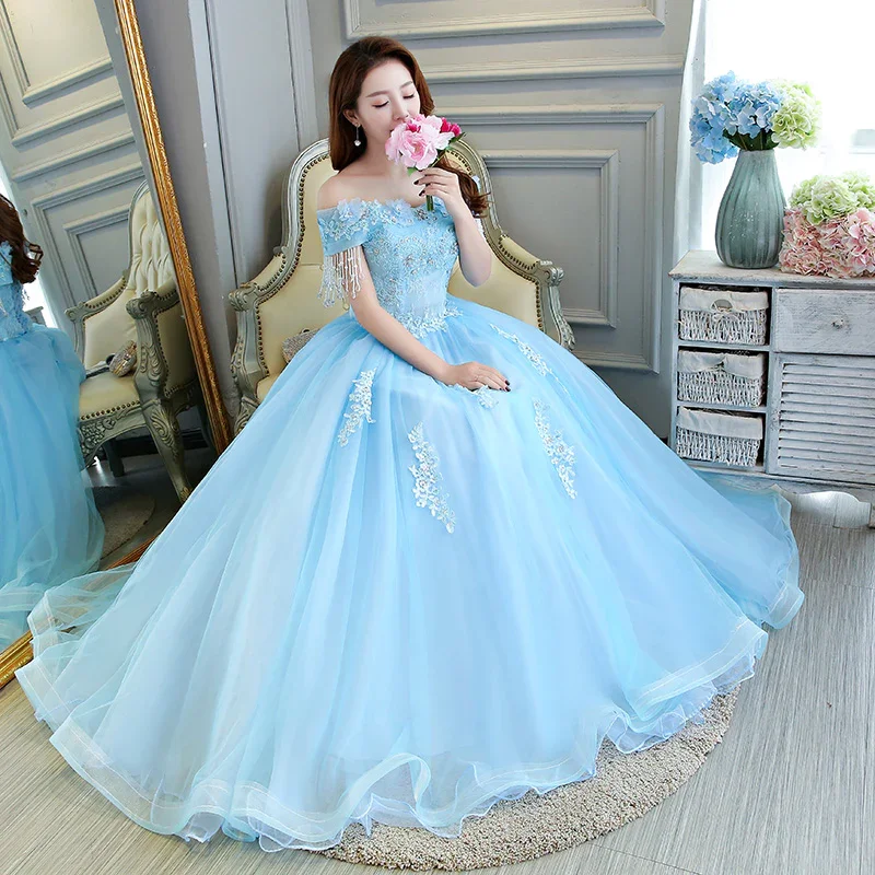 elegant shift dressLuxurious Light Blue Ball Gown Off The Shoulder Princess Dress Y309