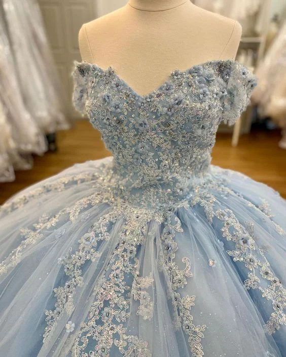 one-shoulder dressWinter Wonderful Land Blue Lace Appliques Ball Gown Sweet 16 Dress Y615