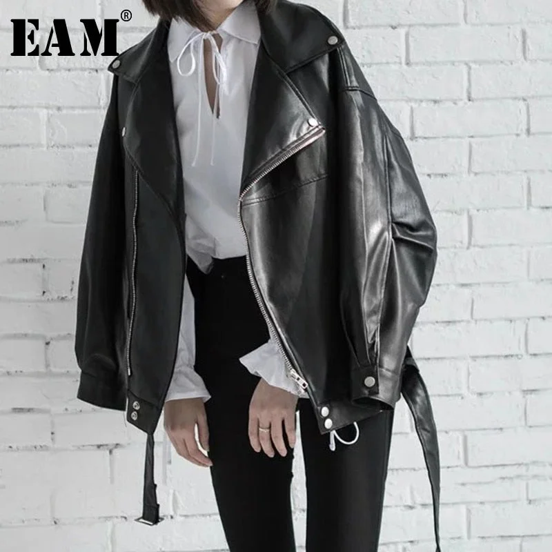 Sneak Peek Sale High Quality Spring Black PU Leather Loose Turn-down Collar Zipper Fashion New Women's Wild Jacket