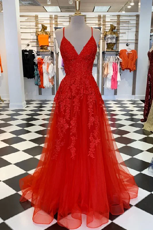 sleek midi dressElegant V Neck A-Line Red Appliqued Long Prom Dress Y761