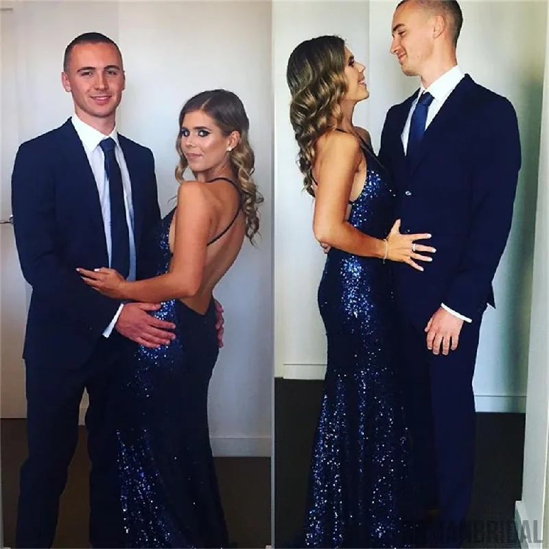 Best Deals stylish party dressNavy Blue V Neck Mermaid Sequins Sexy Long Evening Dress, DP2614