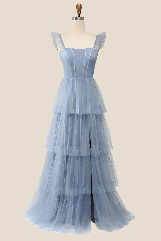 elegant evening dressBlue Tulle Tiered A-line Long Dress