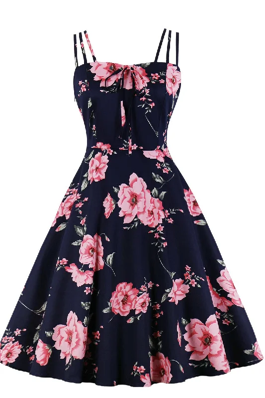 boho-chic dressNavy Blue and Pink Floarl Swing Dress