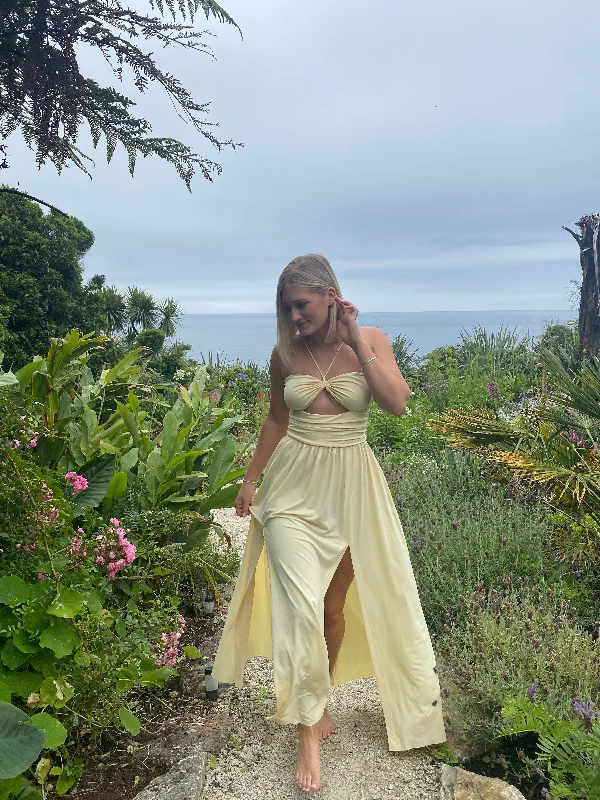 Special Savings boho dressLight Yellow Backless A-Line Long Party Dress with Slit, DP2457 Special Savings boho dressLight Yellow Backless A-Line Long Party Dress with Slit, DP2457