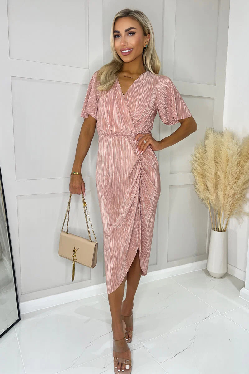 Super Bargain trendy dressThea Champagne Plisse Style Wrap Top Midi Dress