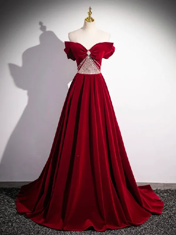 Great Deals sleek midi dressRed Velvet Sequins Long Prom Dress Elegant Off the Shoulder A-Line Formal Dress, DP2471