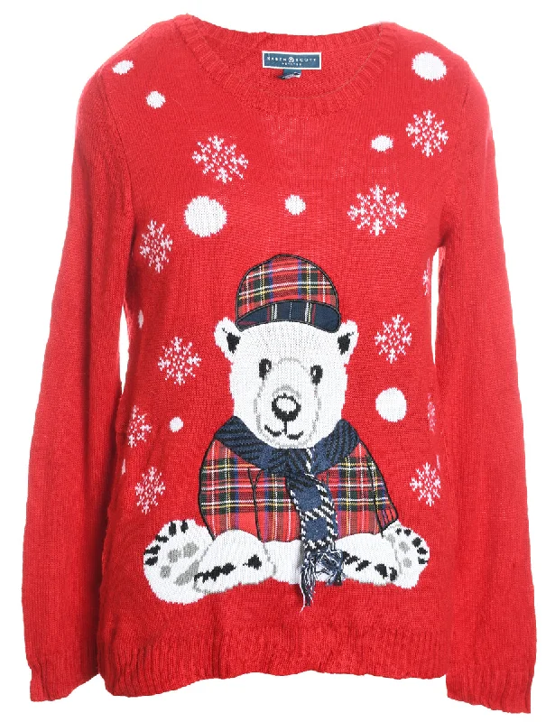 Savings Spectacular Polar Bear Design Red Appliqued Christmas Jumper - M