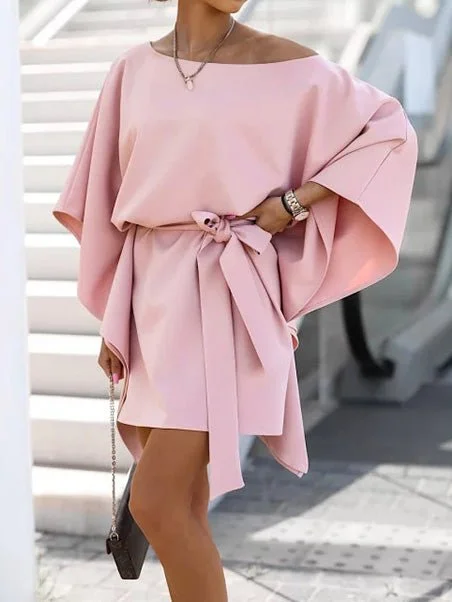 Lowest Prices satin dressLoose Off-Shoulder Belted Doll Sleeve Dress