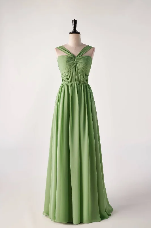 casual midi dressPleated Halter Matcha Green Chiffon Long Bridesmaid Dress