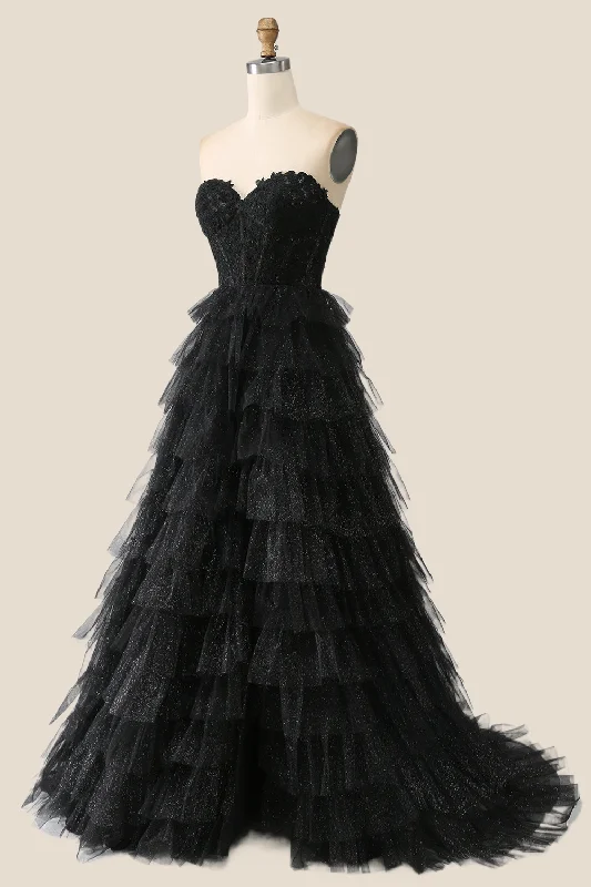 printed dressBlack Appliques Tulle Tiered Ruffles Long Party Dress