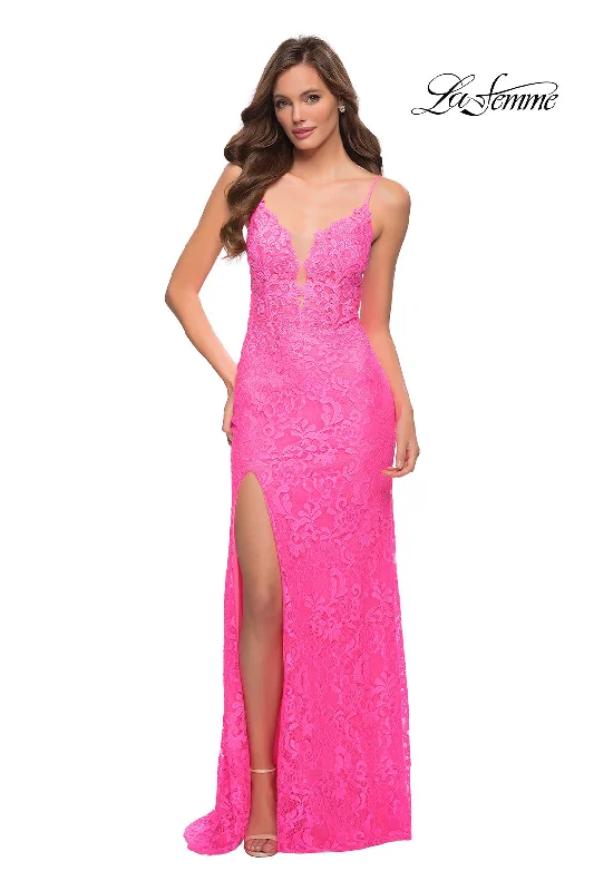 printed dressOpen-Back La Femme Long Neon Lace Prom Dress