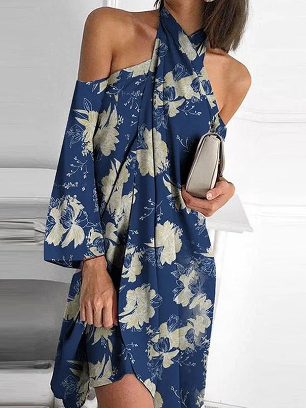 Midnight Madness chic wrap dressPrinted Halter Off-Shoulder Irregular Dress