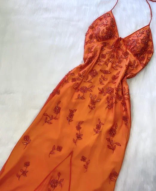 Doorbuster Deal office dressOrange Halter Beading Appliques Vintage Long Party Dress, DP2494 Doorbuster Deal office dressOrange Halter Beading Appliques Vintage Long Party Dress, DP2494