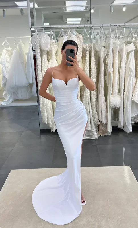 Deep Discounts ruffle dressWhite Spaghrtti Straps Mermaid Long Prom Dress with Slit, DP2486 Deep Discounts ruffle dressWhite Spaghrtti Straps Mermaid Long Prom Dress with Slit, DP2486