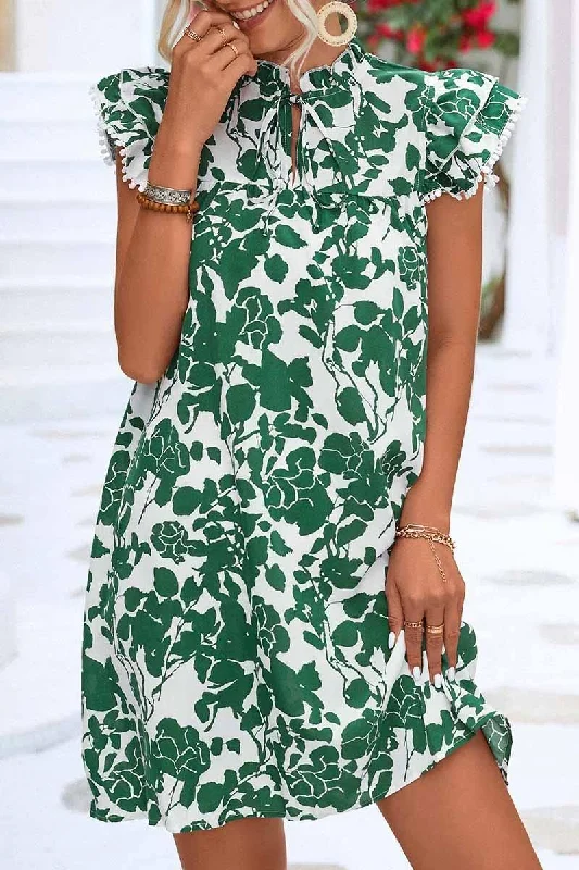 YEAR-End Sale chic shift dressNATURE PATTERN TIED NECK LEAF SLEEVE SHORT DRESS