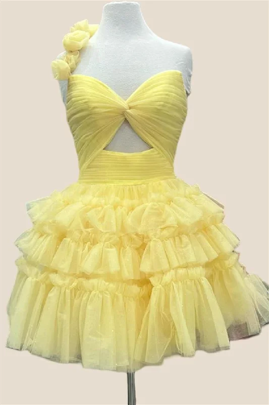 party dressOne Shoulder Yellow Ruched Tiered Short Dress