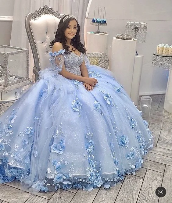 casual day dressLight Blue Quinceanera Dress Off Shoulder 3D Flowers Beads Puffy Party Princess Sweet 16 Gown,Light Blue Ball Gown Y1088