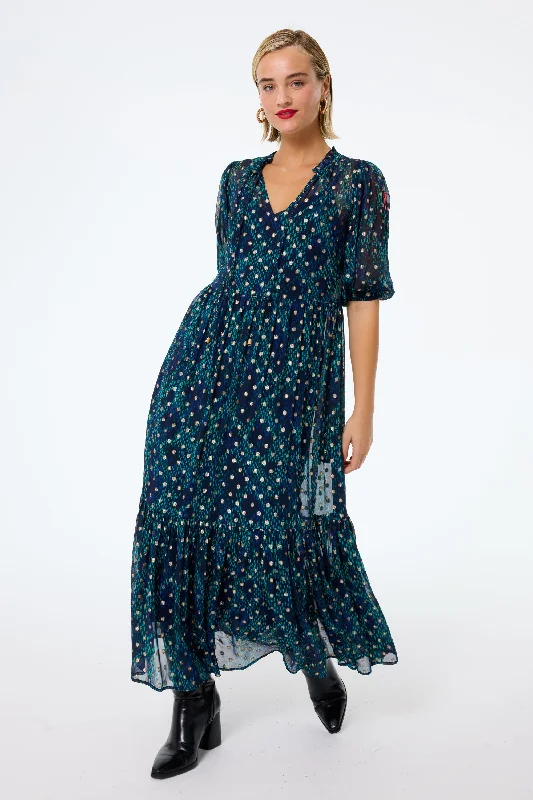 Price Reduction fitted cocktail dressMidnight with Teal Snake Print Chiffon Tiered Maxi Dress