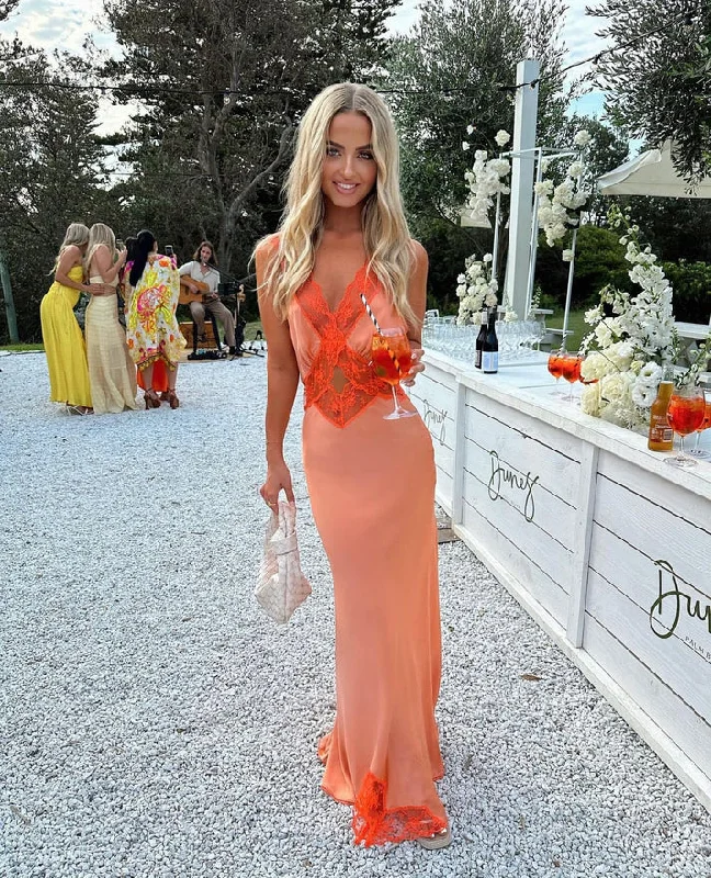 Instant Discount pleated maxi dressElegant V Neck Satin Lace Long Party Dress, DP2418