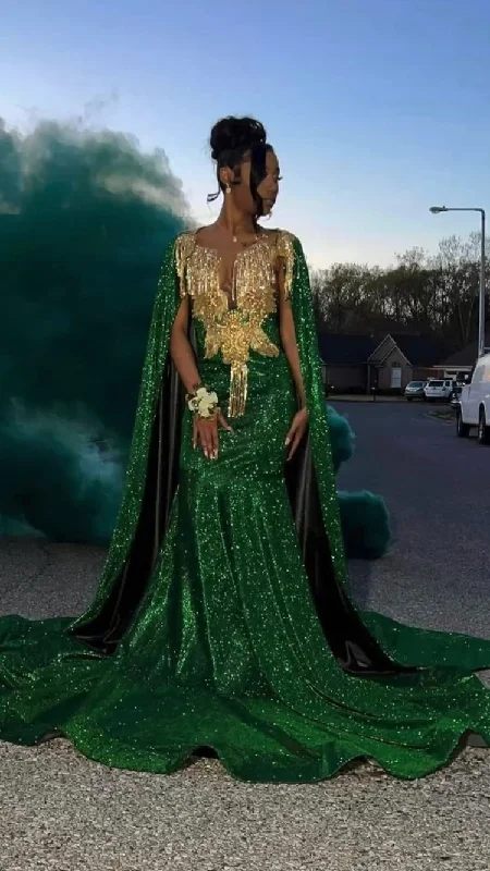 fitted dressUnique Design Mermaid Green Sequins Prom Dress With Cape  Y116