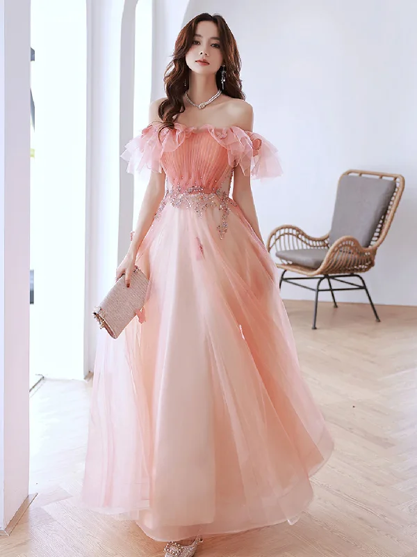 formal dressPink Off Shoulder Tulle Long Prom Dress, Pink Tulle Formal Dress Y584