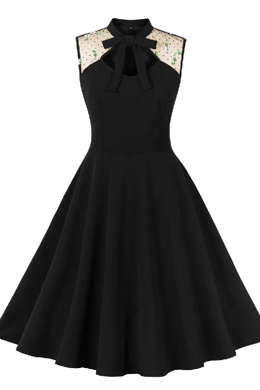 trendy bodycon dressHigh Neck Embroidery Black Swing Dress