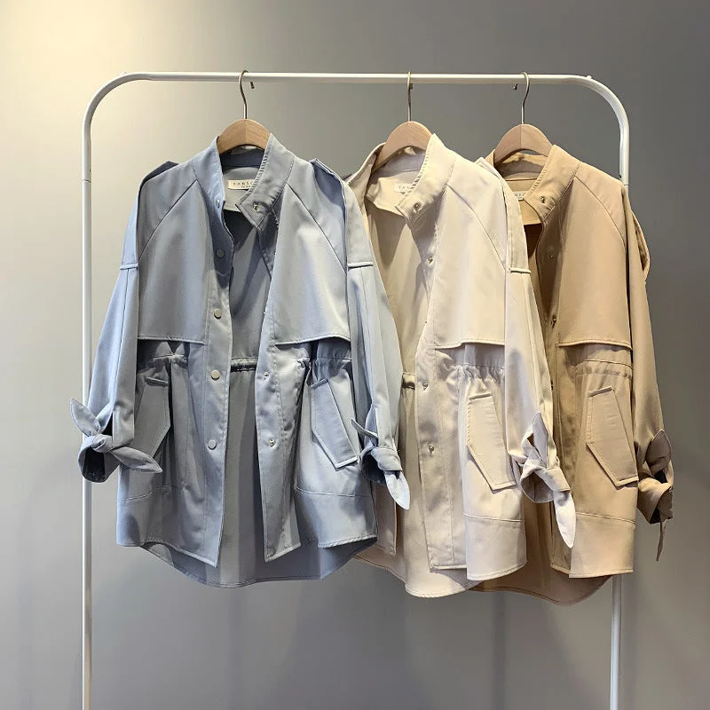 Deal Frenzy Fashion Trench Coats Female Spring Windbreaker Drawstring Coats Casual Loose Safari Clothes Stand Collar