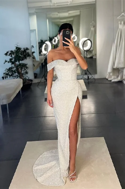 casual day dressMermaid White Off-the-Shoulder Sequins Prom Dress With Split Y375