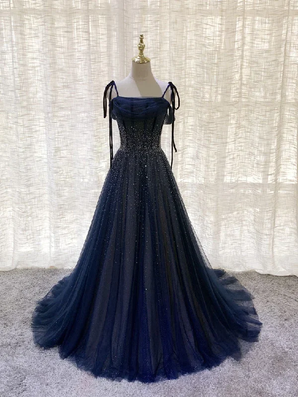 trendy bodycon dressDark Blue Tulle Sequin Long Prom Dress, Dark Blue Tulle Formal Dress Y523