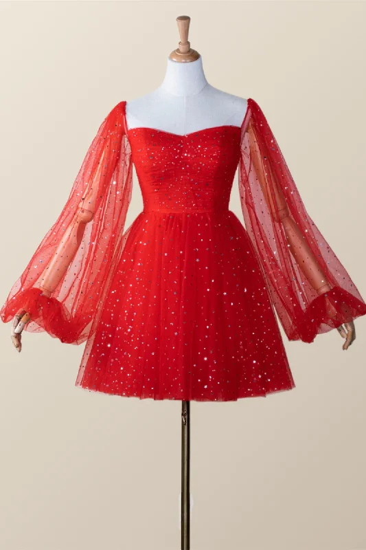 ruffle dressLong Puffy Sleeves Red Stars Mini Gown