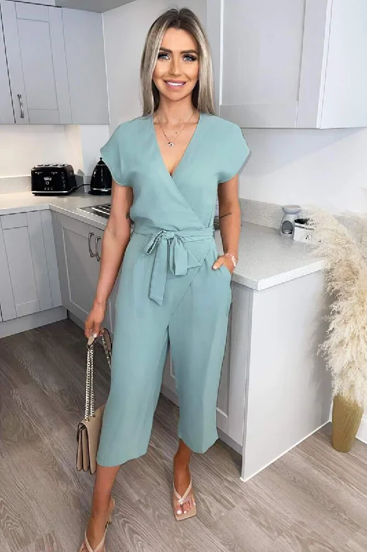 Discount Mania chic dressCloda Sage Green Wrap Belted Jumpsuit