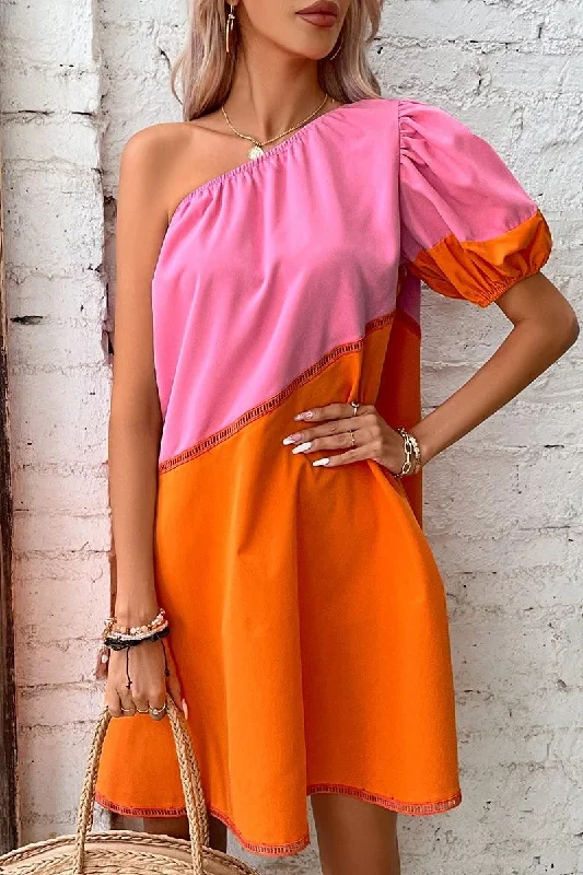 Discount Deals midi dressCOLOR BLOCK ONE PUFF SHOULDER SHORT DRESS