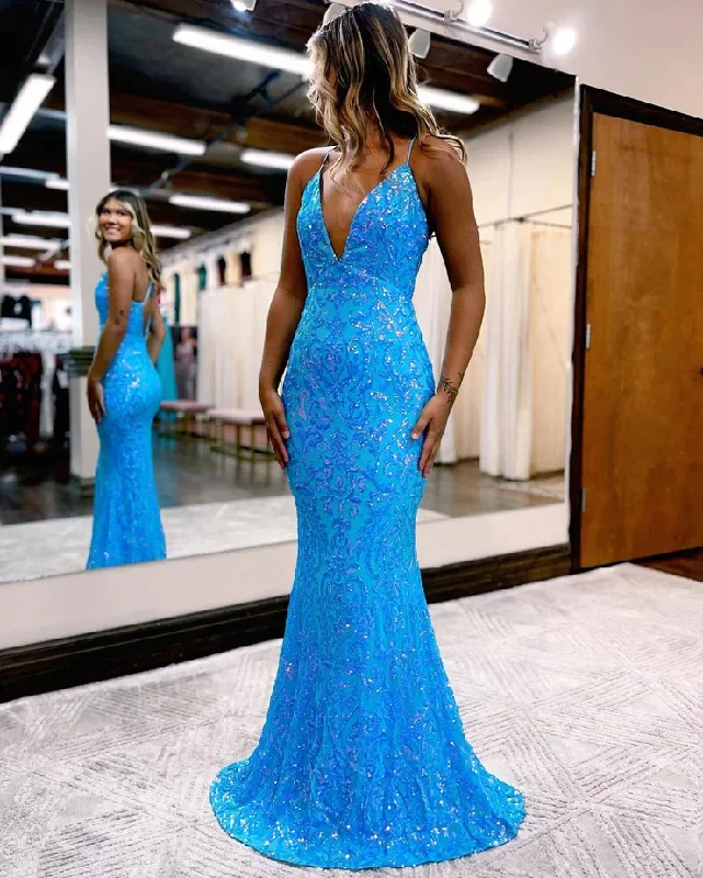 draped dressCharming Mermaid V Neck Blue Lace Sequins Long Prom Dresses Y1001