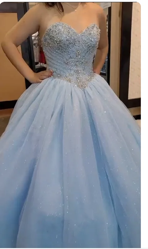 off-shoulder dressGlitter Light Blue Corset Top Beaded Ball Gown, Light Blue Sweet Girl Dresses Beaded Ball Gown Y774