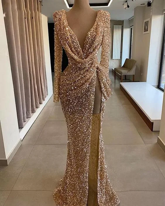 fitted bodycon dressSparkly Prom Dresses, Deep V Neck Prom Dresses, Long Sleeve Prom Dresses, Arabic Prom Dresses, Side Slit Prom Dresses Y194