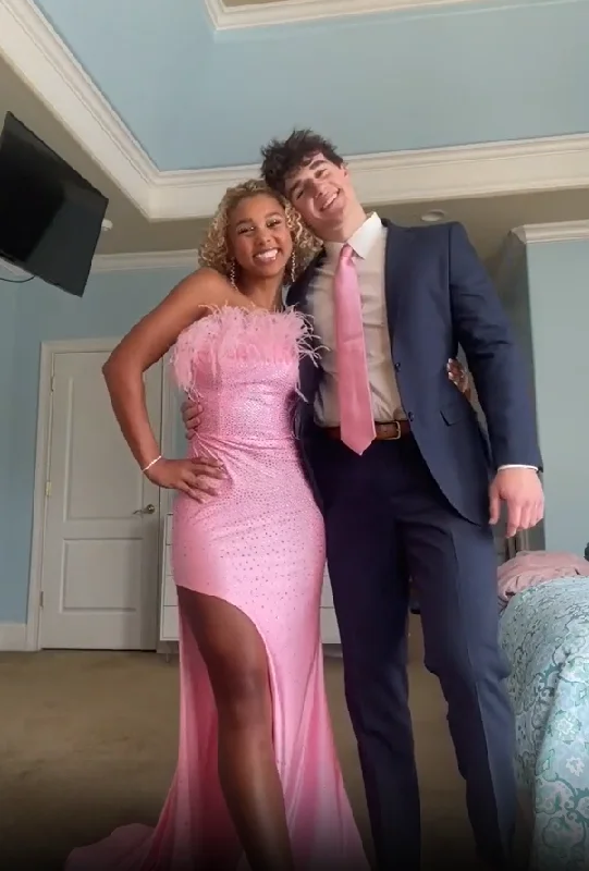 Clearance Event stylish dressPink Strapless Beading Feather Black Girl Long Prom Dress with Slit, DP2583