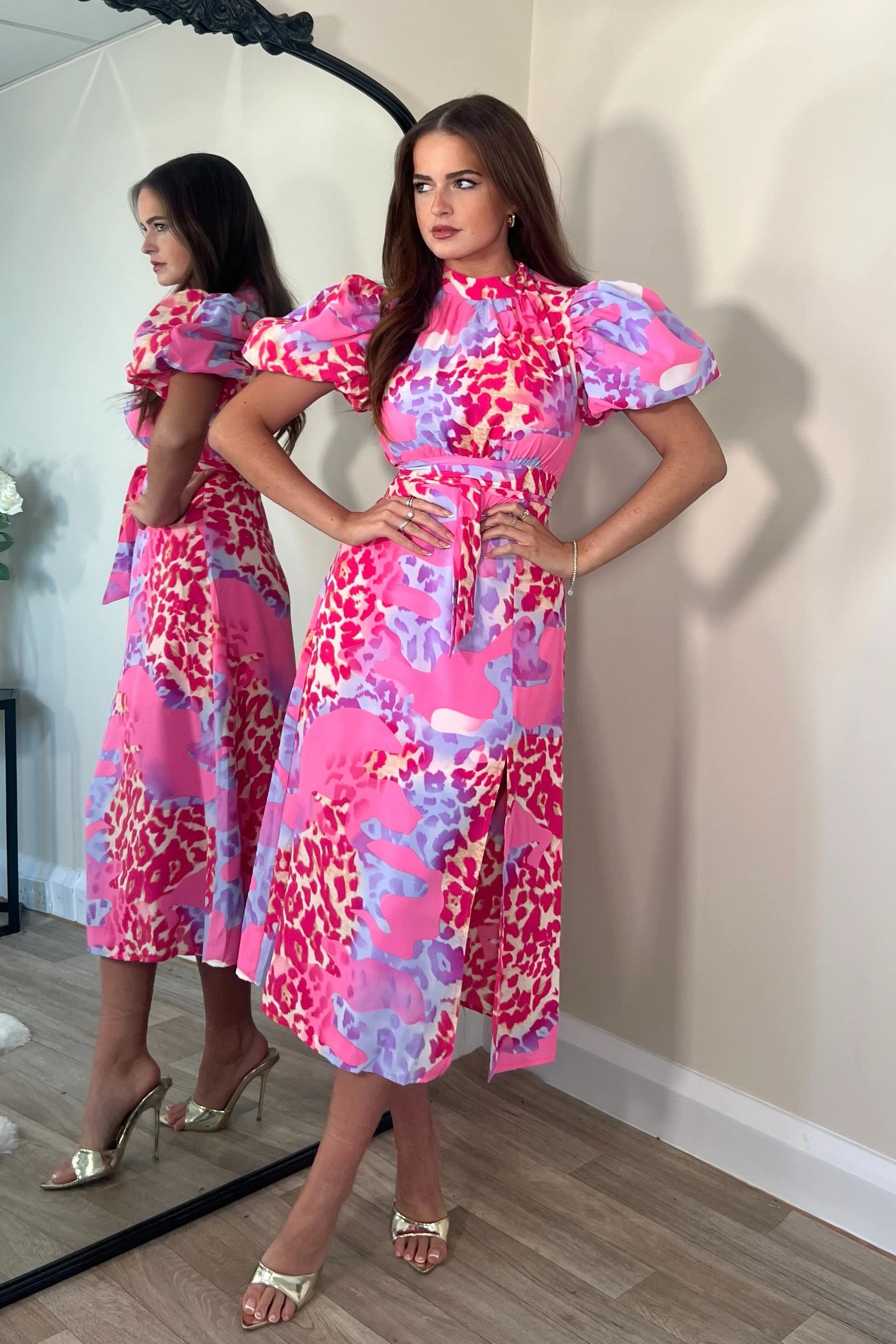 Online Specials summer floral dressPaulie Multi Animal Print Puff Sleeve Midi Dress
