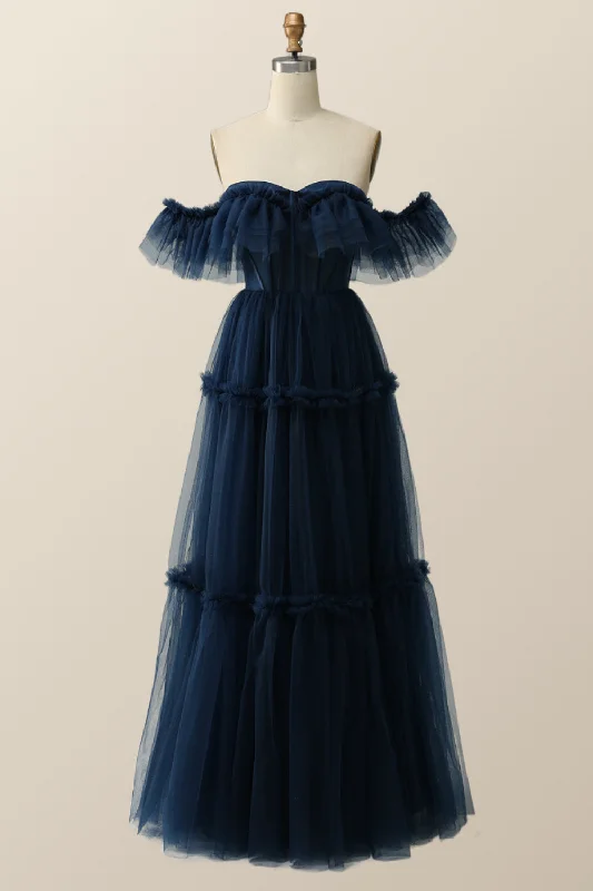 ashionable dressOff the Shoulder Navy Blue Tulle Formal Gown