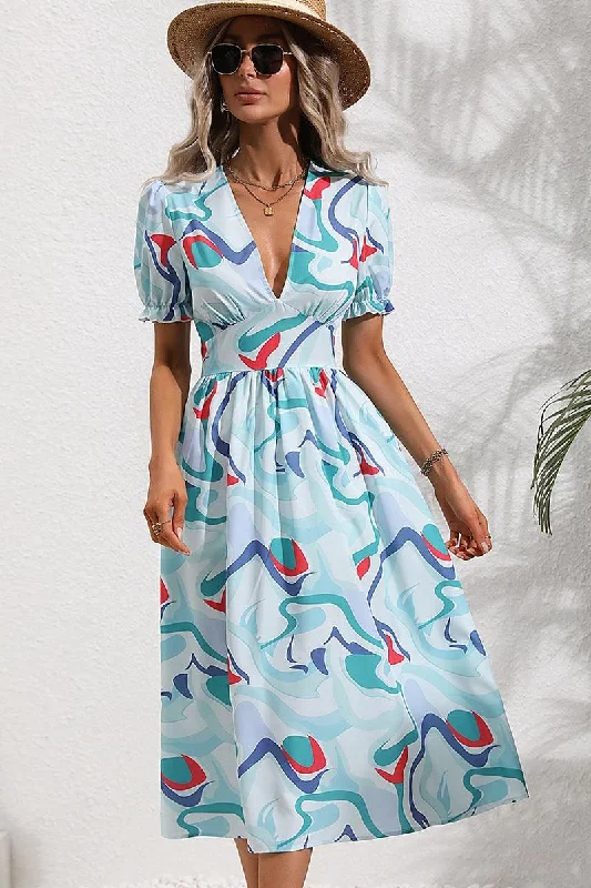 Sale Event chic shift dressCOLOR WAVE PAINTING DEEP V NECK PUFF DRESS