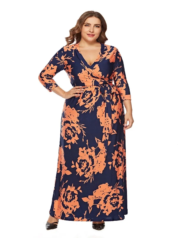 Extra Savings layered dressKittenAlarm - Women's Printed Plus Size Stand Collar 3/4 Sleeve Long Wrap Dress
