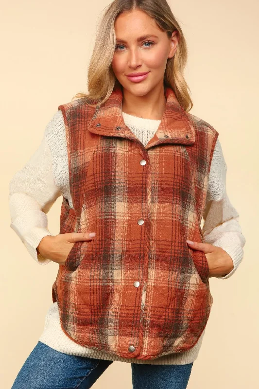 outdoor adventure coatPlus High Neck Snap Button Plaid Puffer Vest