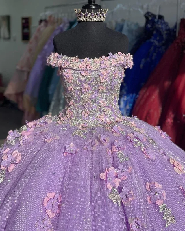 party dressApplique Off Shoulder Shiny Elegant Tulle Ball Gown 3D Flowers Princess Dress Sweet 15th Y285