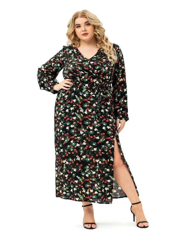 Price Fest ruched dressKittenAlarm - Plus size Long Sleeve V neck Slit Printd Dress