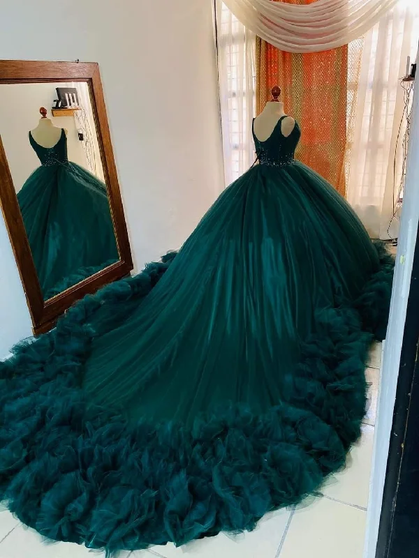 boho dressStunning Tulle Lace-up Back Ball Gown,Teal Princess Dress With Ruffles Y1233