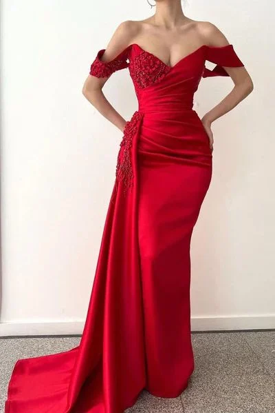 casual slip dressOff-the-shoulder Burgundy Beaded Long Prom Dress with Half Train Y151