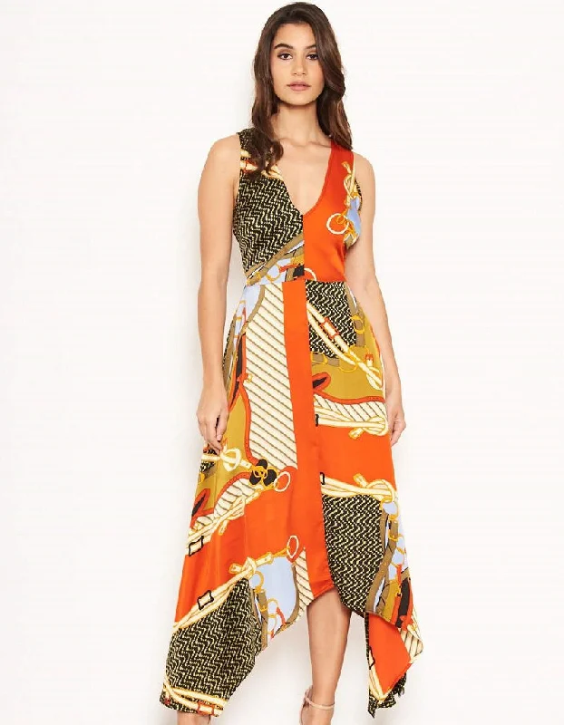 Massive Deals casual shift dressCaroline Orange Multi Chain Print Midi Dress