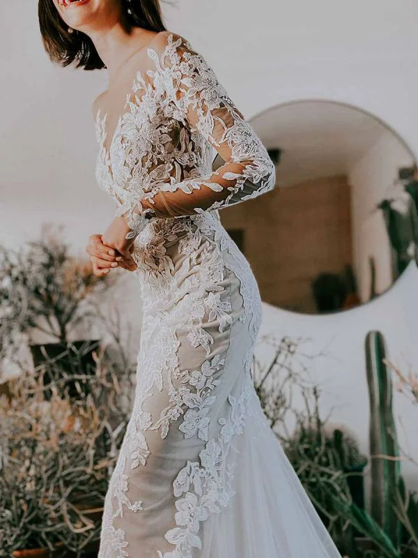 casual shift dressWhite Wedding Dress Illusion Neckline Long Sleeves Backless Natural Waist Lace With Train Long Bridal Mermaid Dress Y101