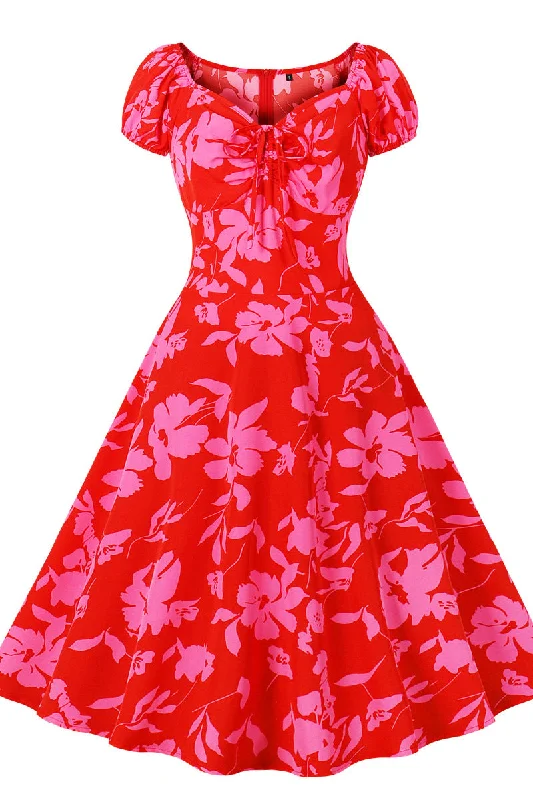 trendy wrap dressShort Sleeves Red Print Swing Dress