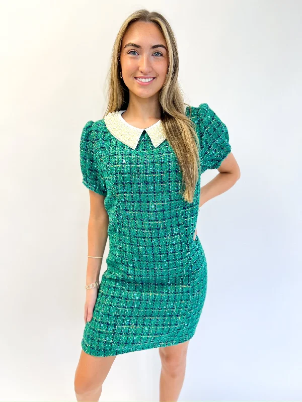 Must-Have Deals backless dressGreen Pearl Trimmed Collar Dress