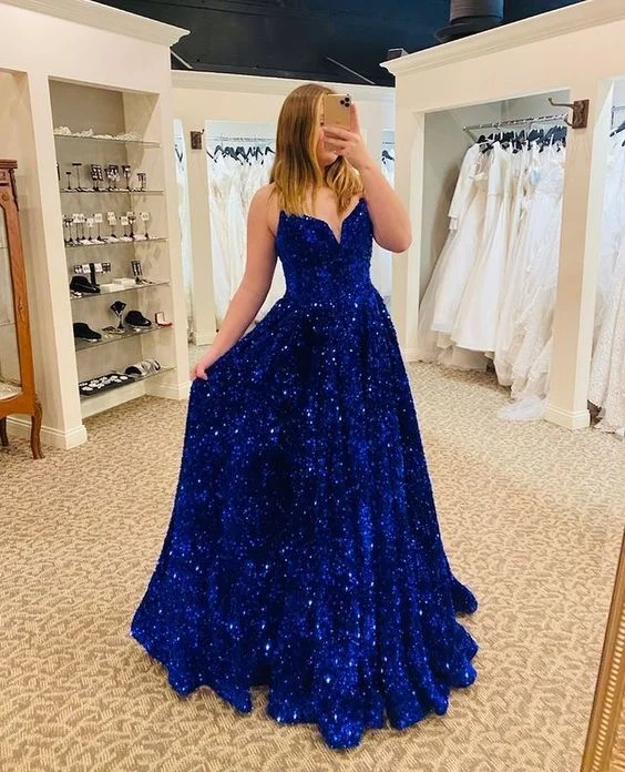 boho dressStunning V Neck Royal Blue Sequins Long Prom Dresses Y828